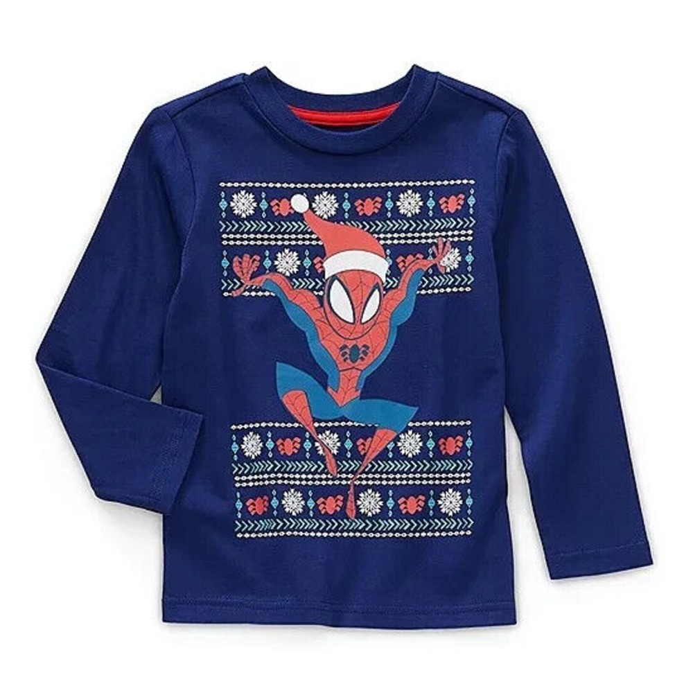 Toddler Boy Size 2T SPIDERMAN FAIR ISLE LONG SLEEVE CHRISTMAS SHIRT Blue
